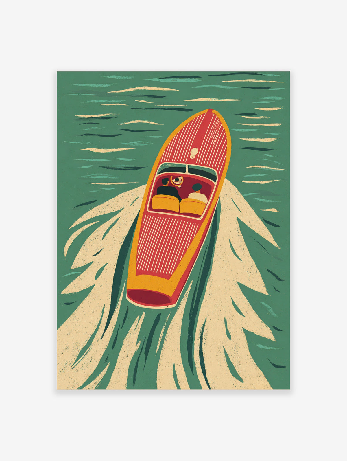 Red and yellow speedboat with two figures on green water, leaving a white wake in a retro illustration
