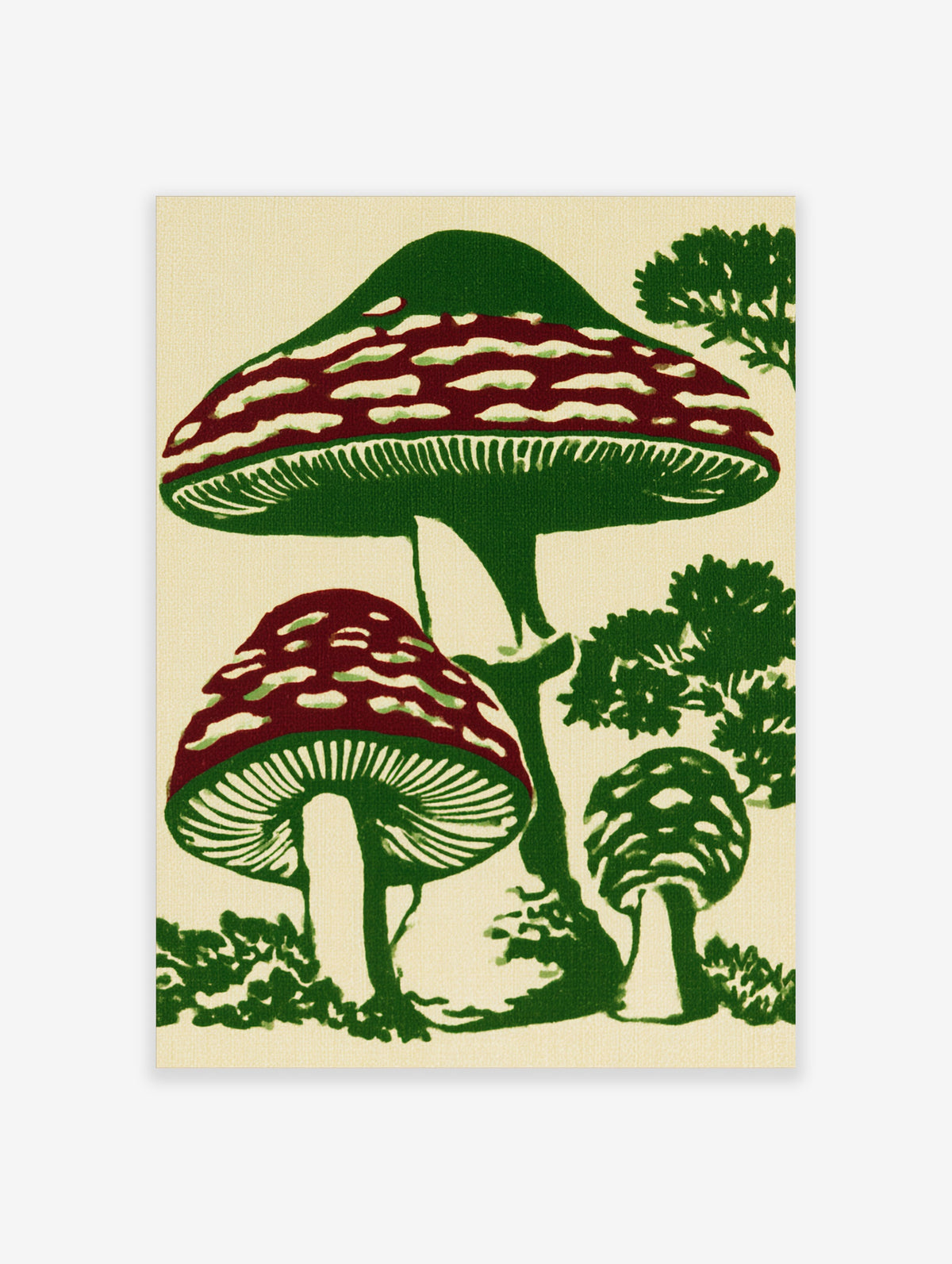 Red spotted mushrooms with green gills and foliage on cream background, botanical illustration print