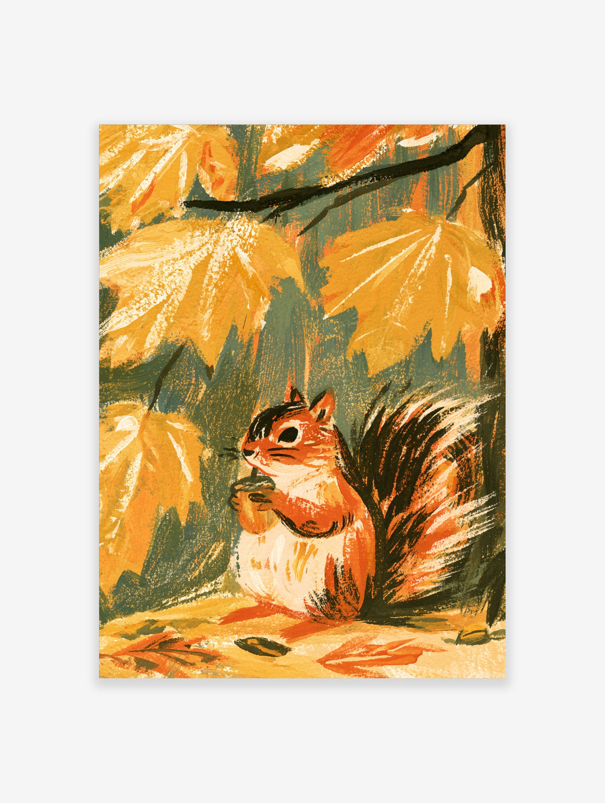 Red squirrel holding an acorn among golden autumn leaves, animal art print