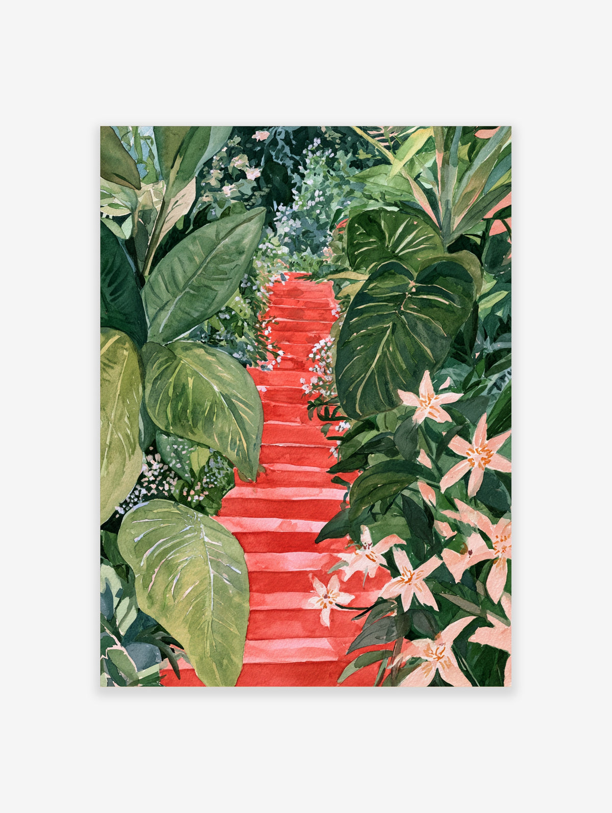 A red staircase winding through lush green tropical leaves and pale pink flowers in a painterly botanical illustration