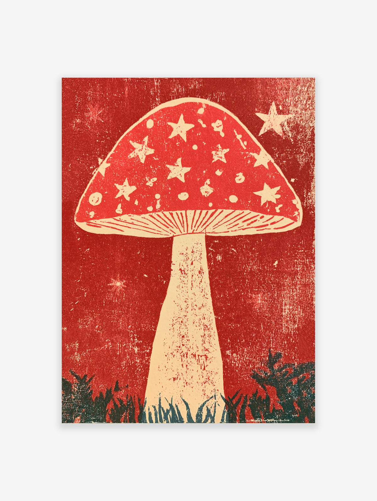 Red mushroom poster with cream star patterns and a tall stem on a textured red background