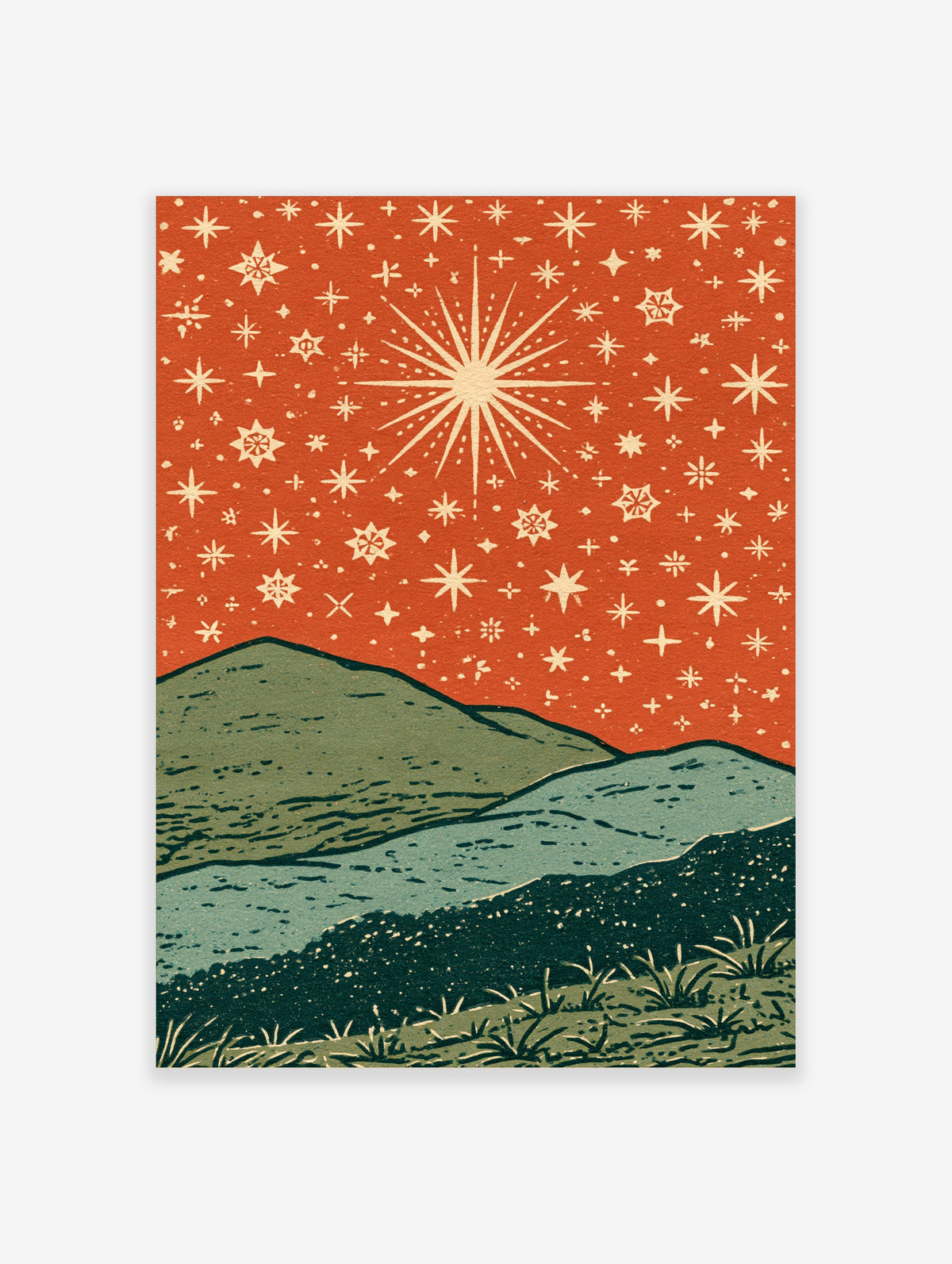 Illustrated poster of red starry night sky with cream stars over green and blue hills with grass