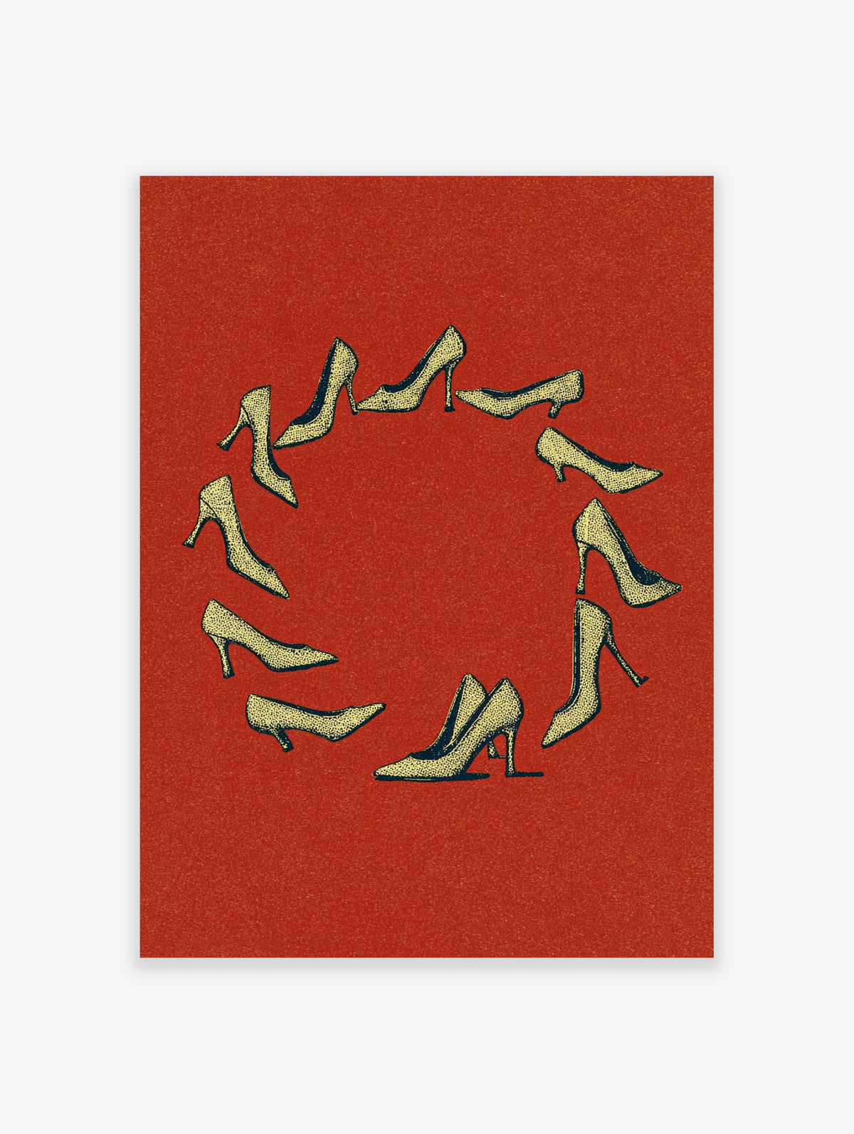 Gold stiletto heels arranged in a circle on a textured red background, retro fashion poster