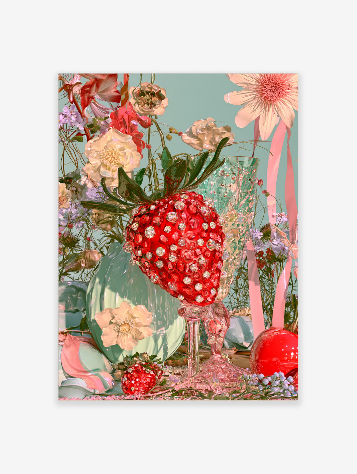 Red strawberry with crystal studs on a glass stem surrounded by pastel flowers and a mint vase