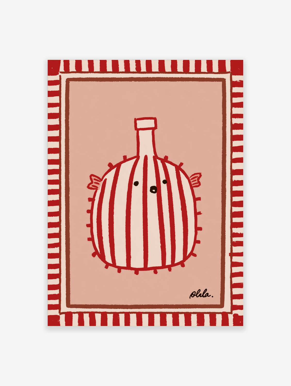 Red striped bottle gourd character with a smiling face and small wings on a pink background art print