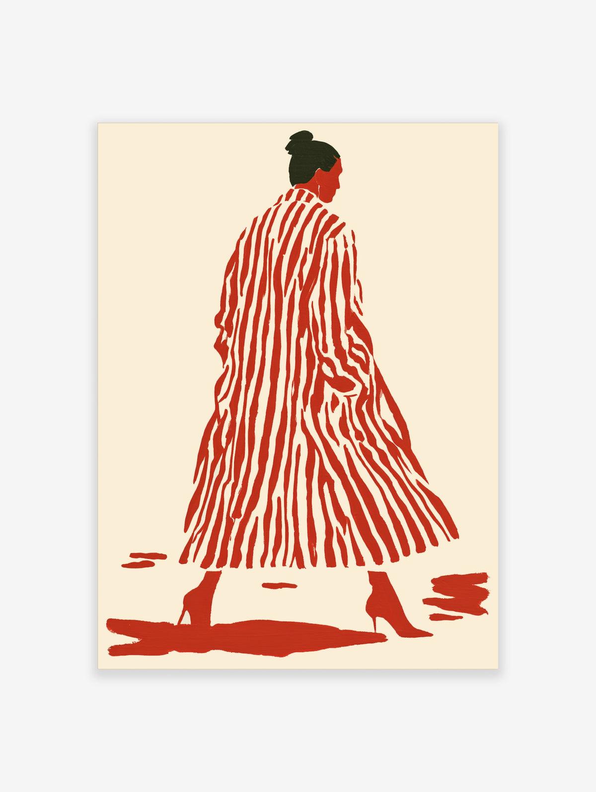 Fashion illustration of a woman in a red striped coat, black updo, and heeled boots on a beige background
