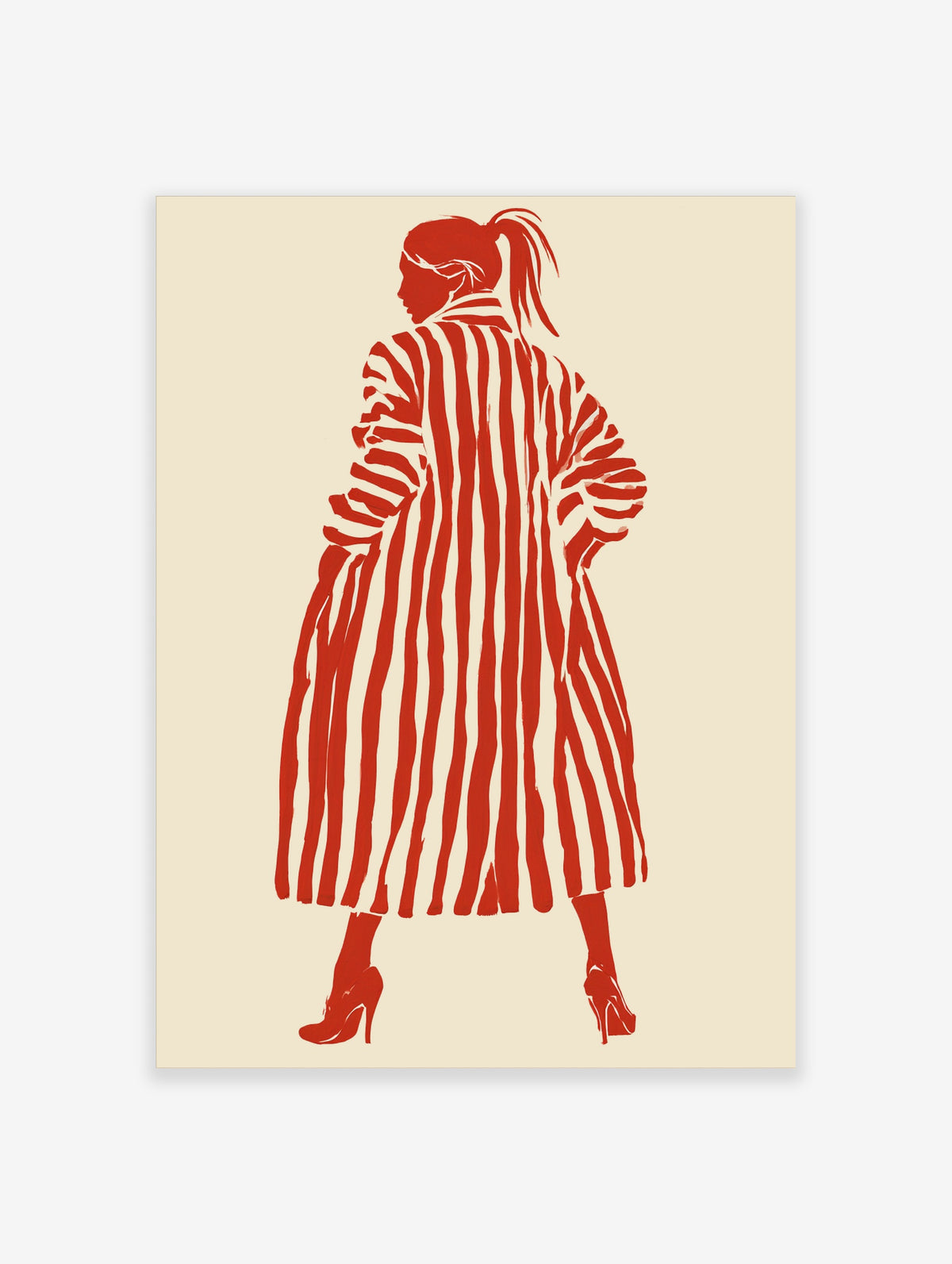 Red striped coat poster with woman in side profile and high ponytail on beige background