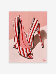 Fashion illustration of red and white striped high heel shoes on a soft pink background