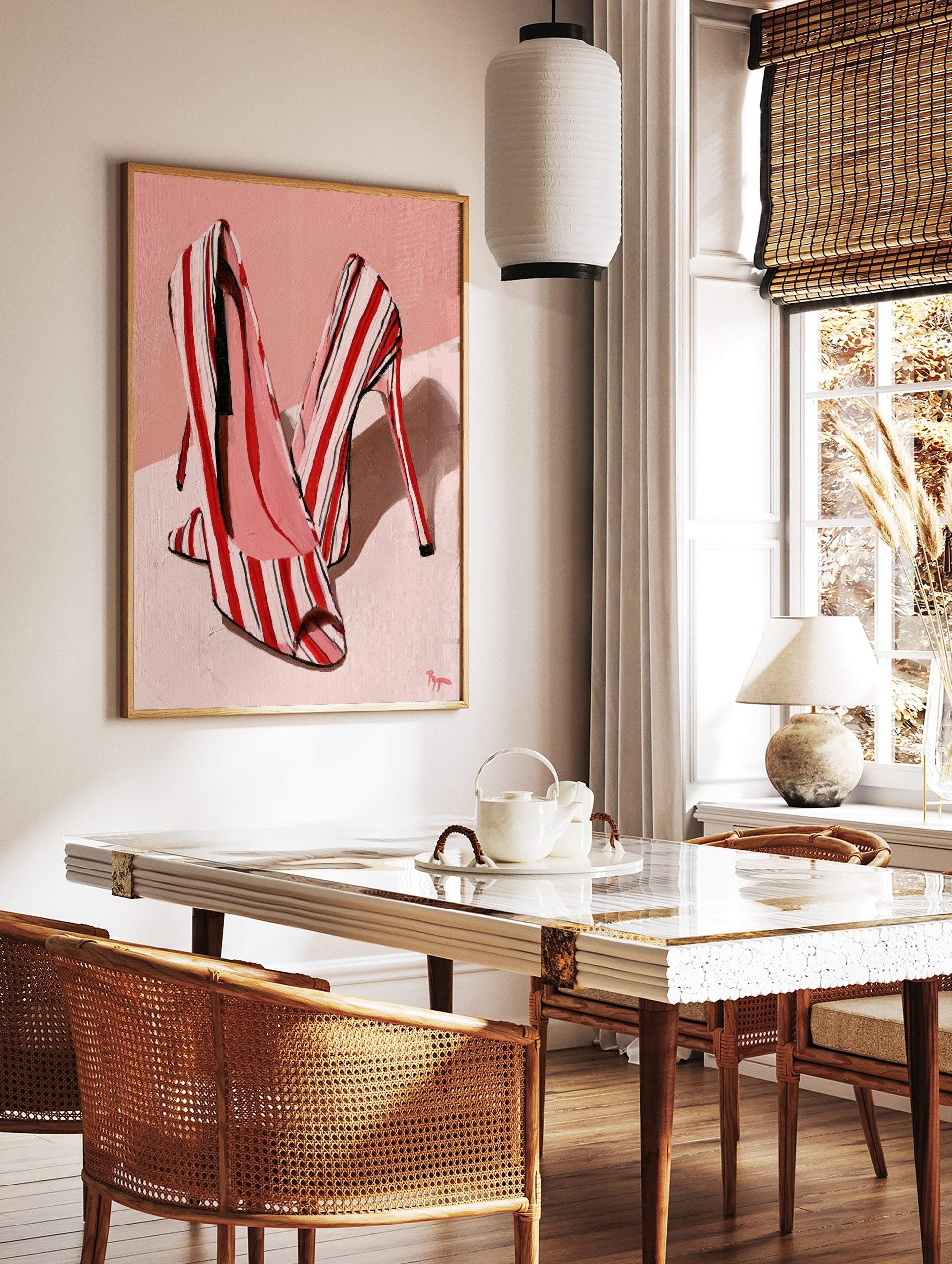 Fashion illustration of red and white striped high heel shoes on a soft pink background, in a styled room mockup