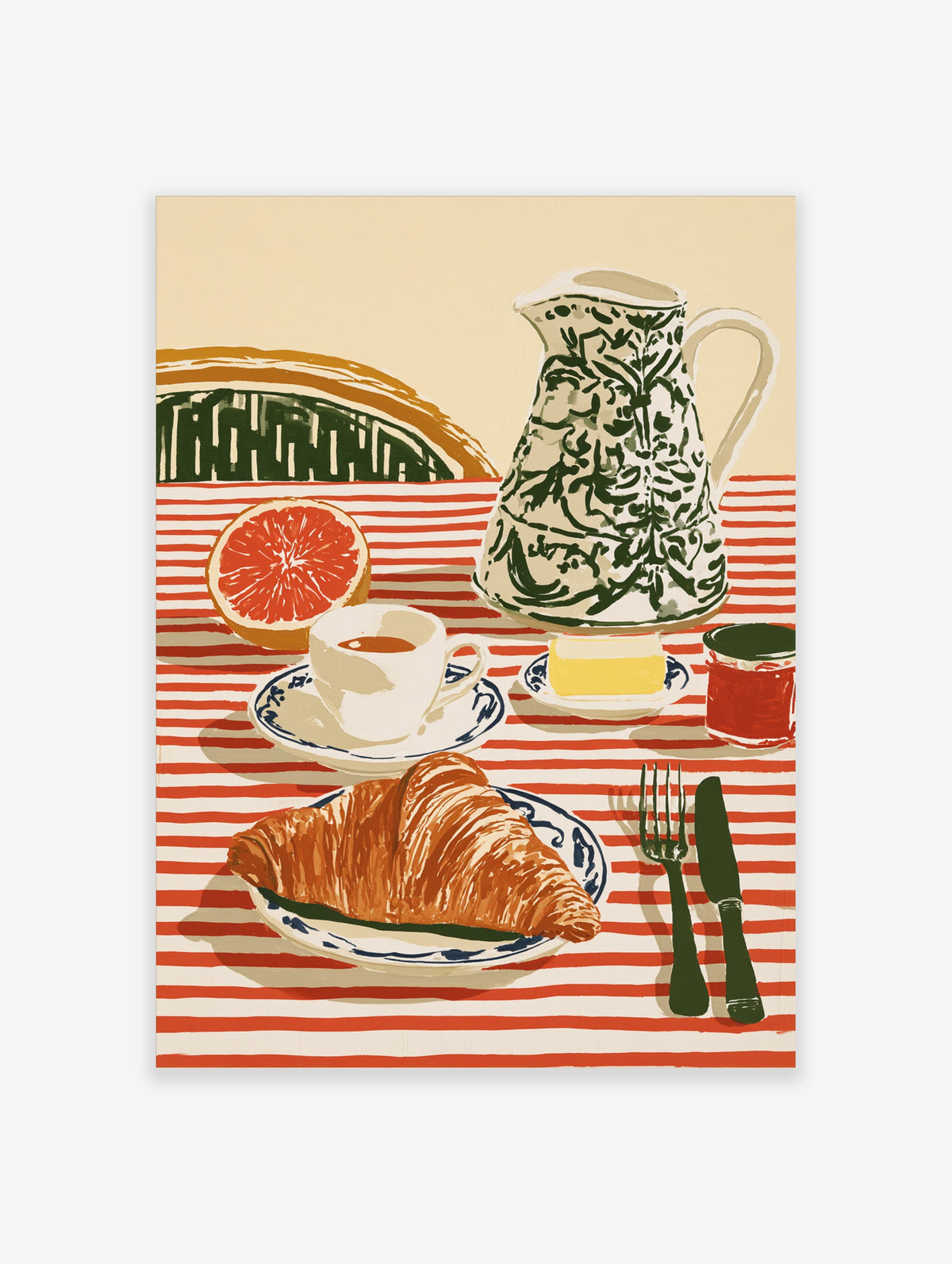 Breakfast still life poster with croissant, grapefruit, coffee, and jug on red striped tablecloth