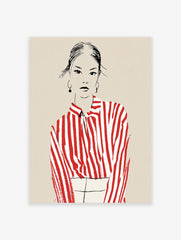 Modern fashion illustration art print of a woman in a red and white striped shirt with black hair and hoop earrings.