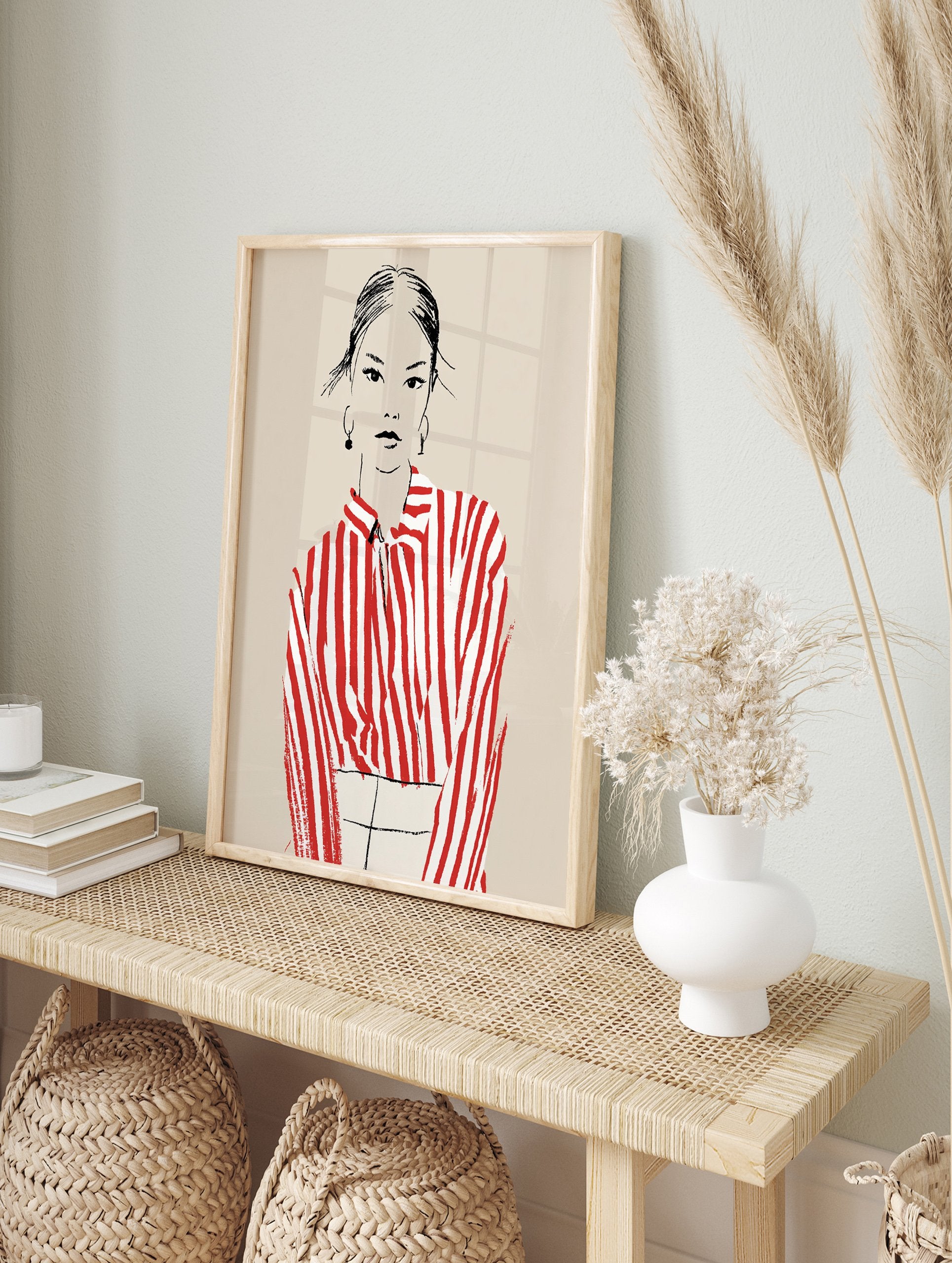 Modern fashion illustration art print of a woman in a red and white striped shirt with black hair and hoop earrings. - Image 3