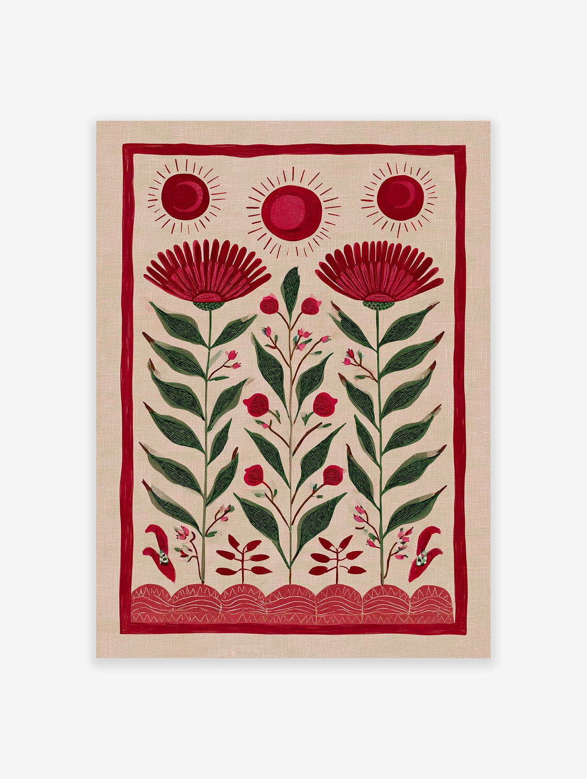 Red folk art botanical illustration with suns and stylized flowers on a natural beige background, bordered in red.
