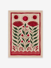 Red folk art botanical illustration with suns and stylized flowers on a natural beige background, bordered in red.