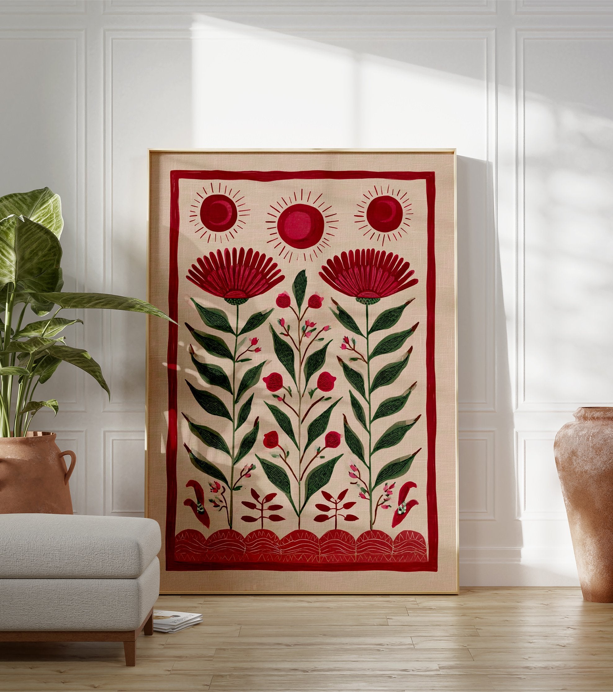 Red folk art botanical illustration with suns and stylized flowers on a natural beige background, bordered in red. - Image 3