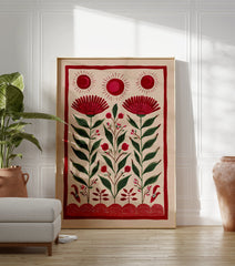 Red folk art botanical illustration with suns and stylized flowers on a natural beige background, bordered in red. - Image 3