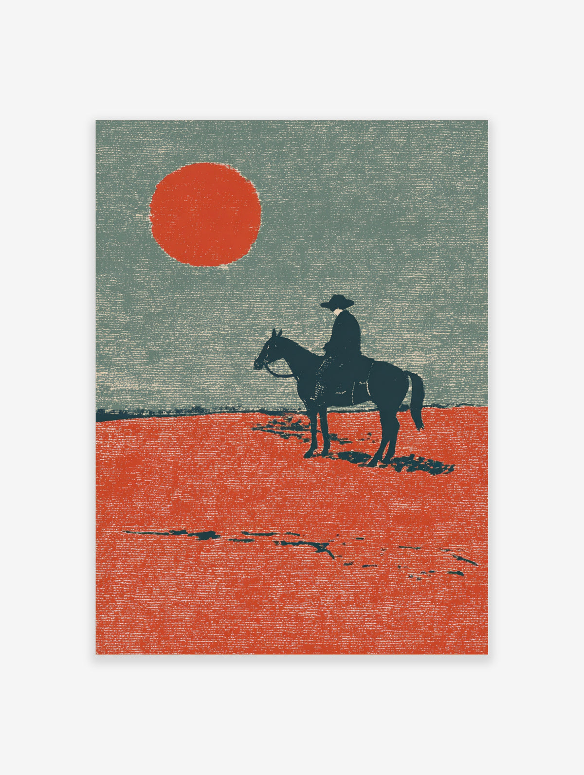 Cowboy on horse silhouette against red sun and orange desert, grainy western art print