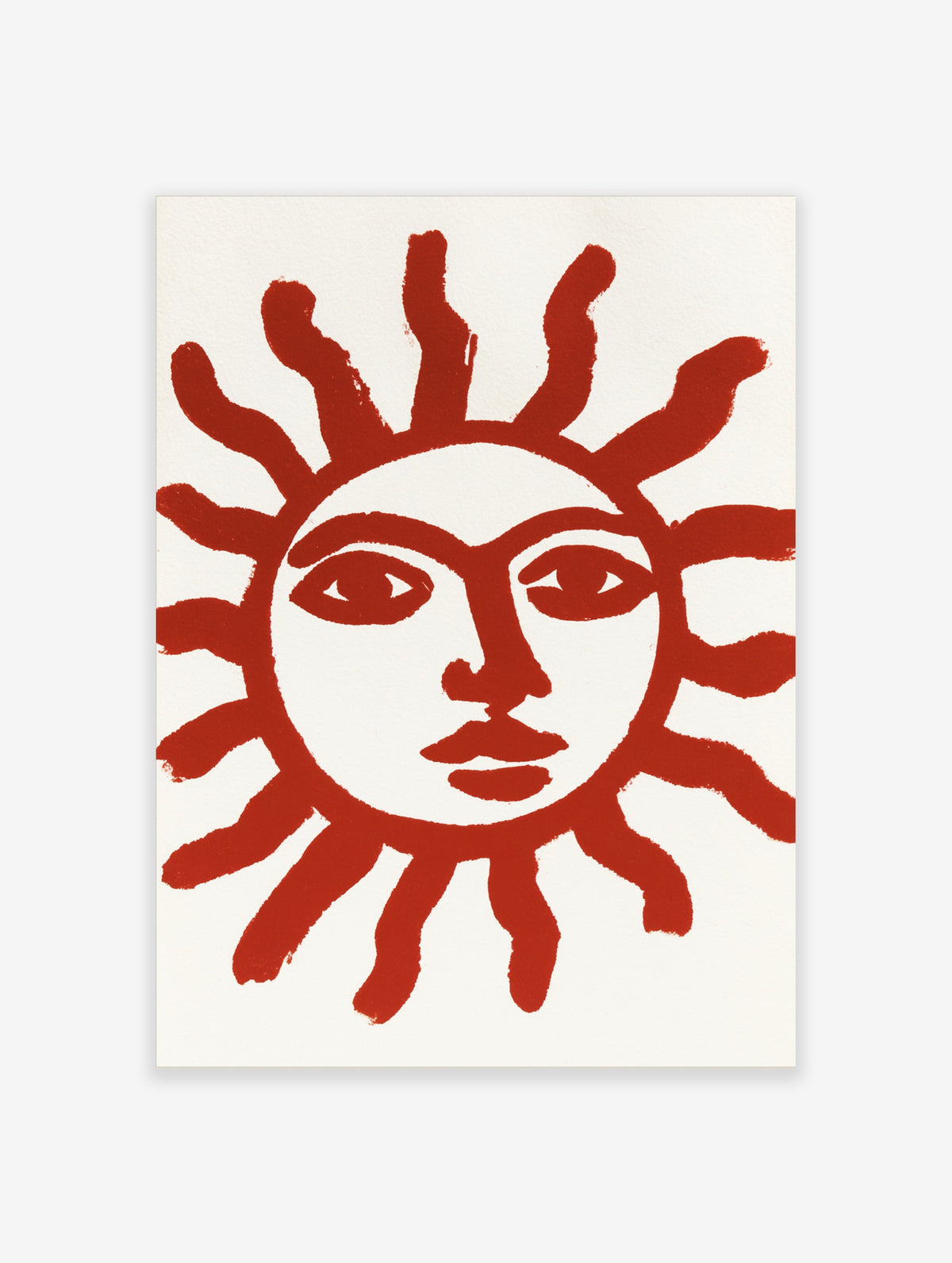 Red sun face poster with hand-drawn expression and curved sunburst rays on white background