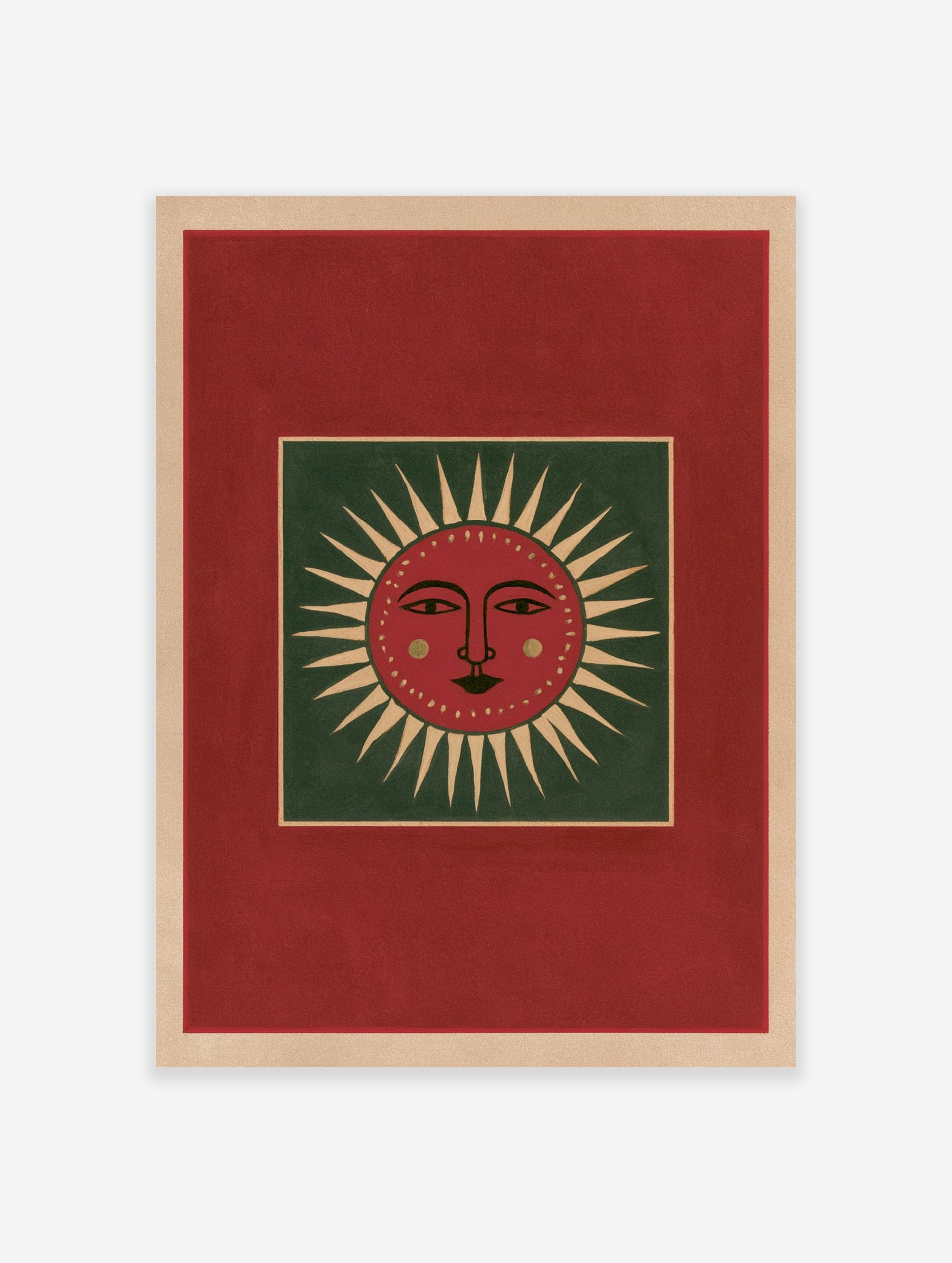 Stylized red sun face illustration with green background and cream rays, folk art style wall print