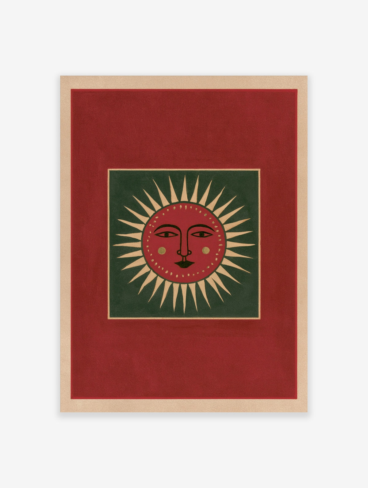 Stylized red sun face illustration with green background and cream rays, folk art style wall print