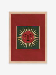 Stylized red sun face illustration with green background and cream rays, folk art style wall print