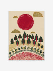 Illustrative red sun and golden clouds over a green forest with decorative patterns on a cream background