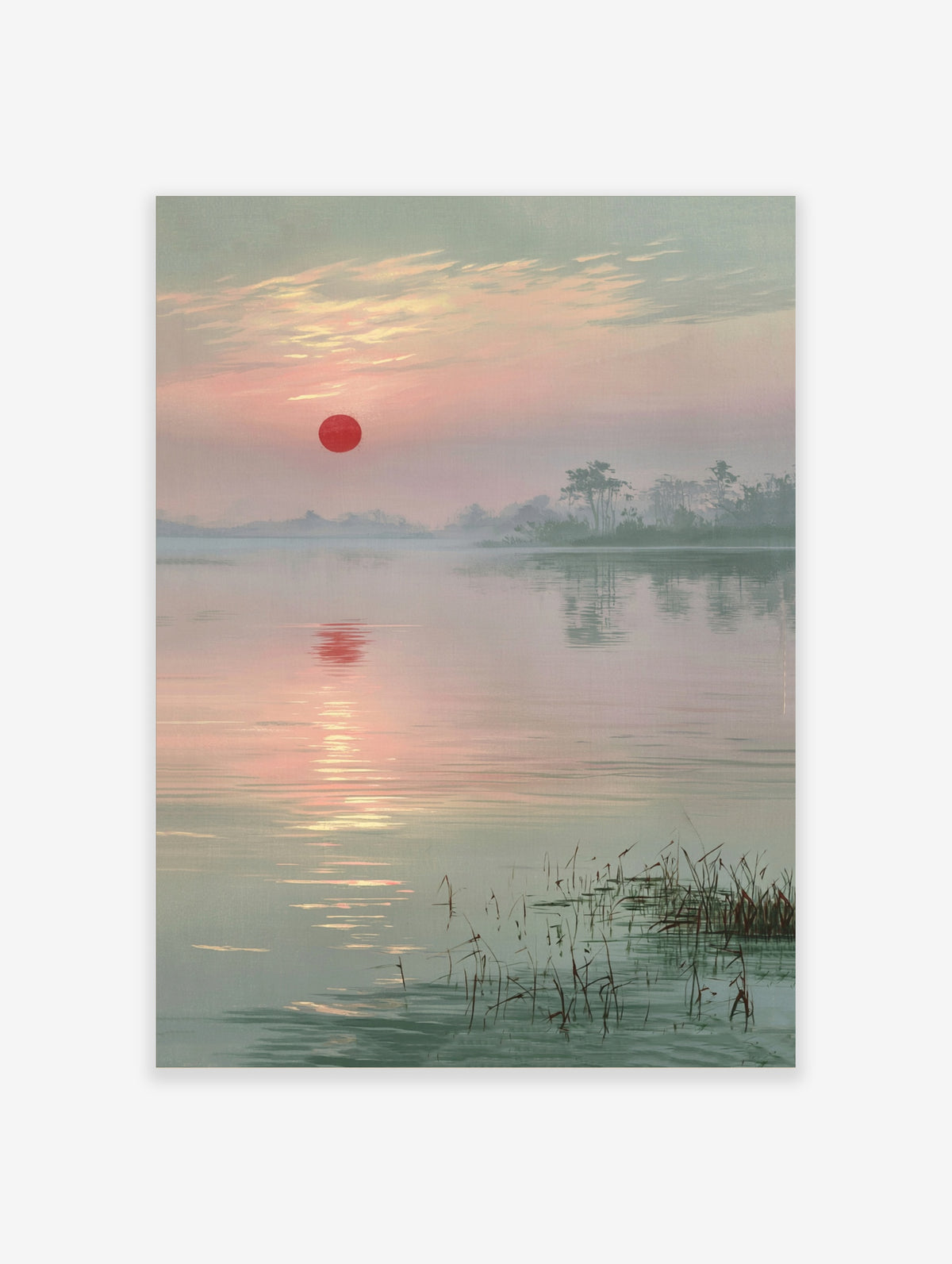 Red sun over misty lake with tree reflections and reeds in calm water art print