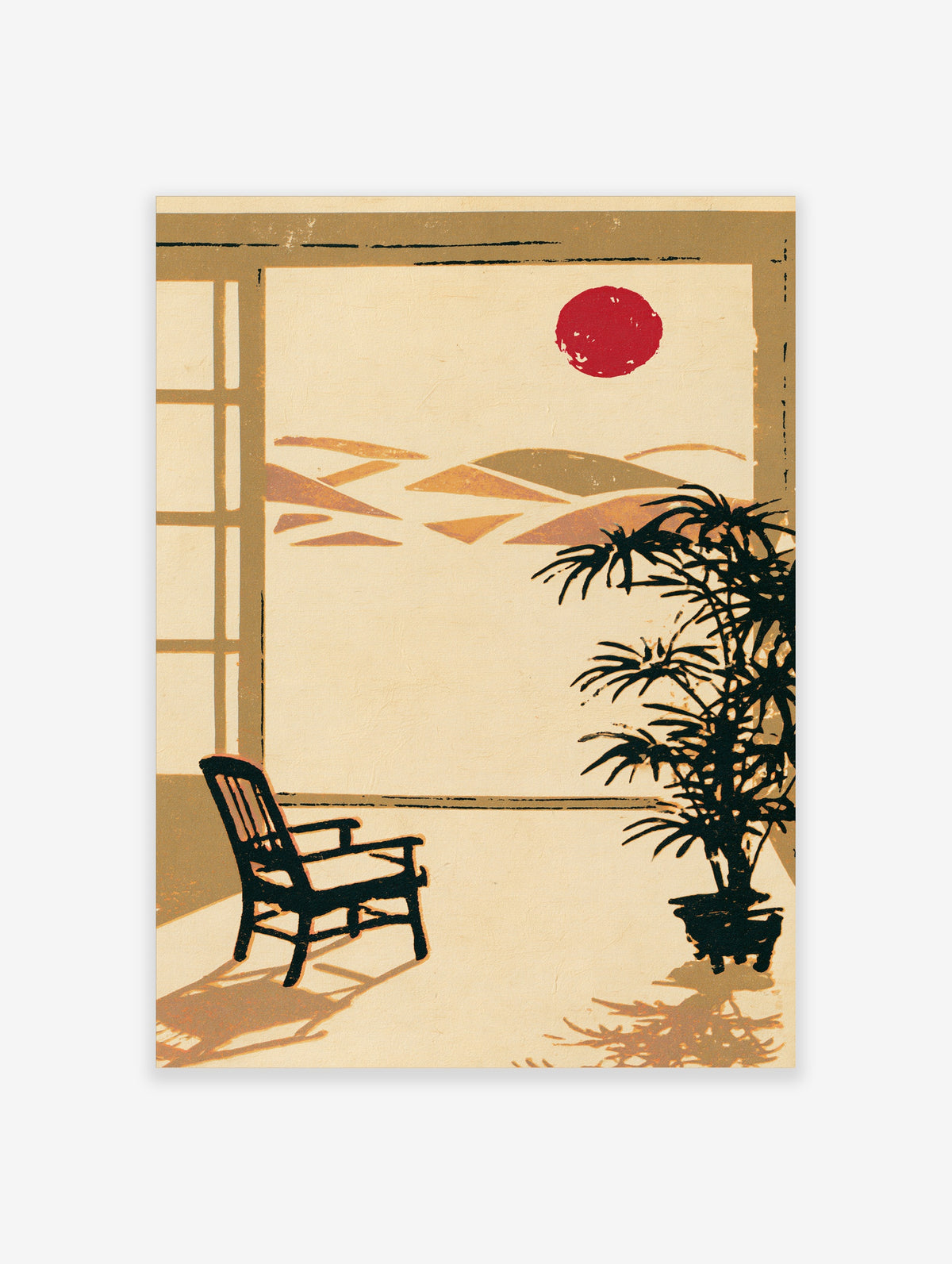 Red sun over ochre hills with black chair and potted plant, unframed paper print