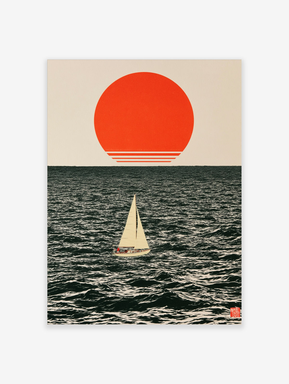 Minimalist poster of a red sun over dark ocean waves with a white sailing boat in the centre