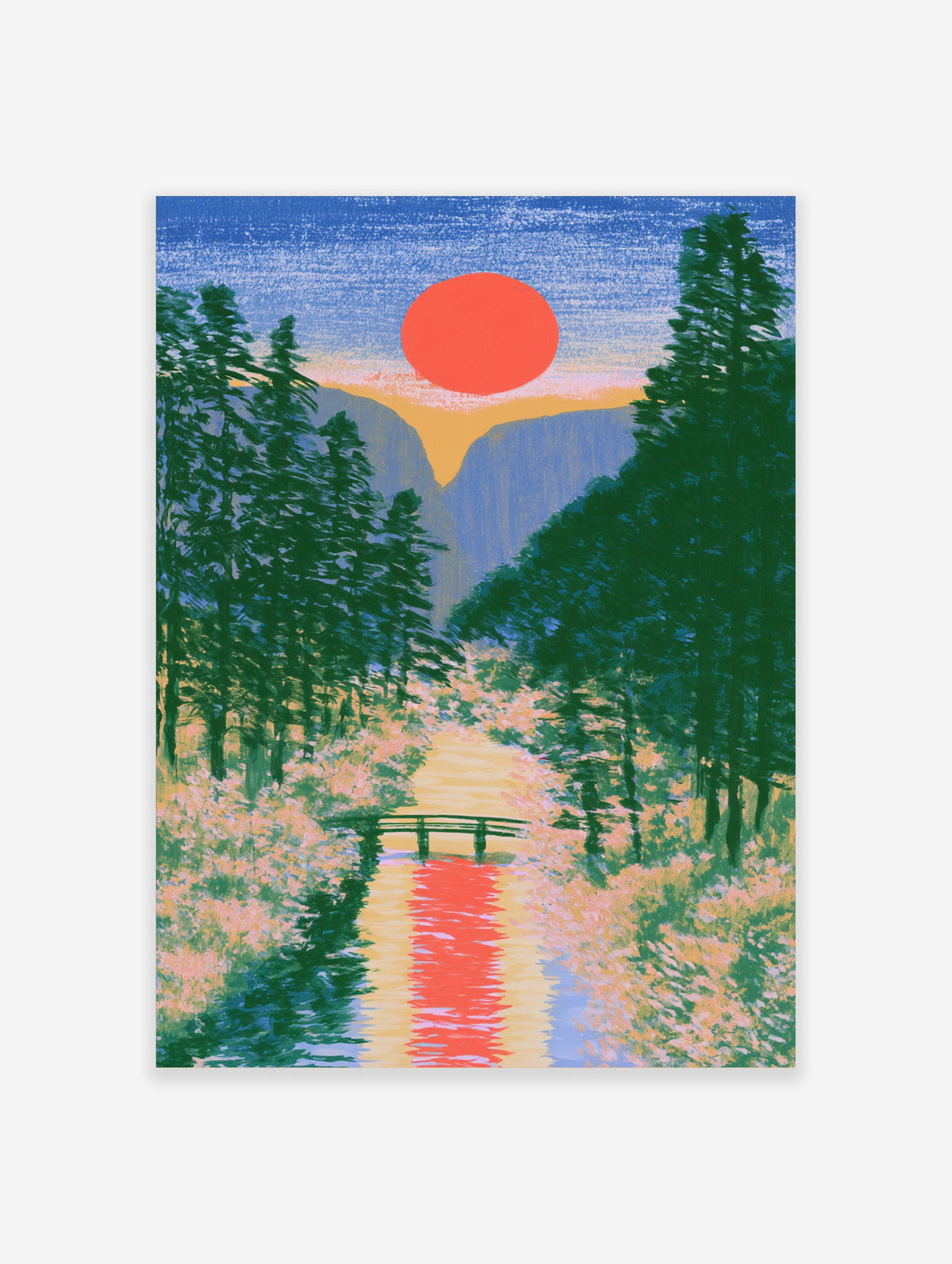 Red sun valley landscape poster with green pine trees, yellow mountain gap, and wooden footbridge over a river