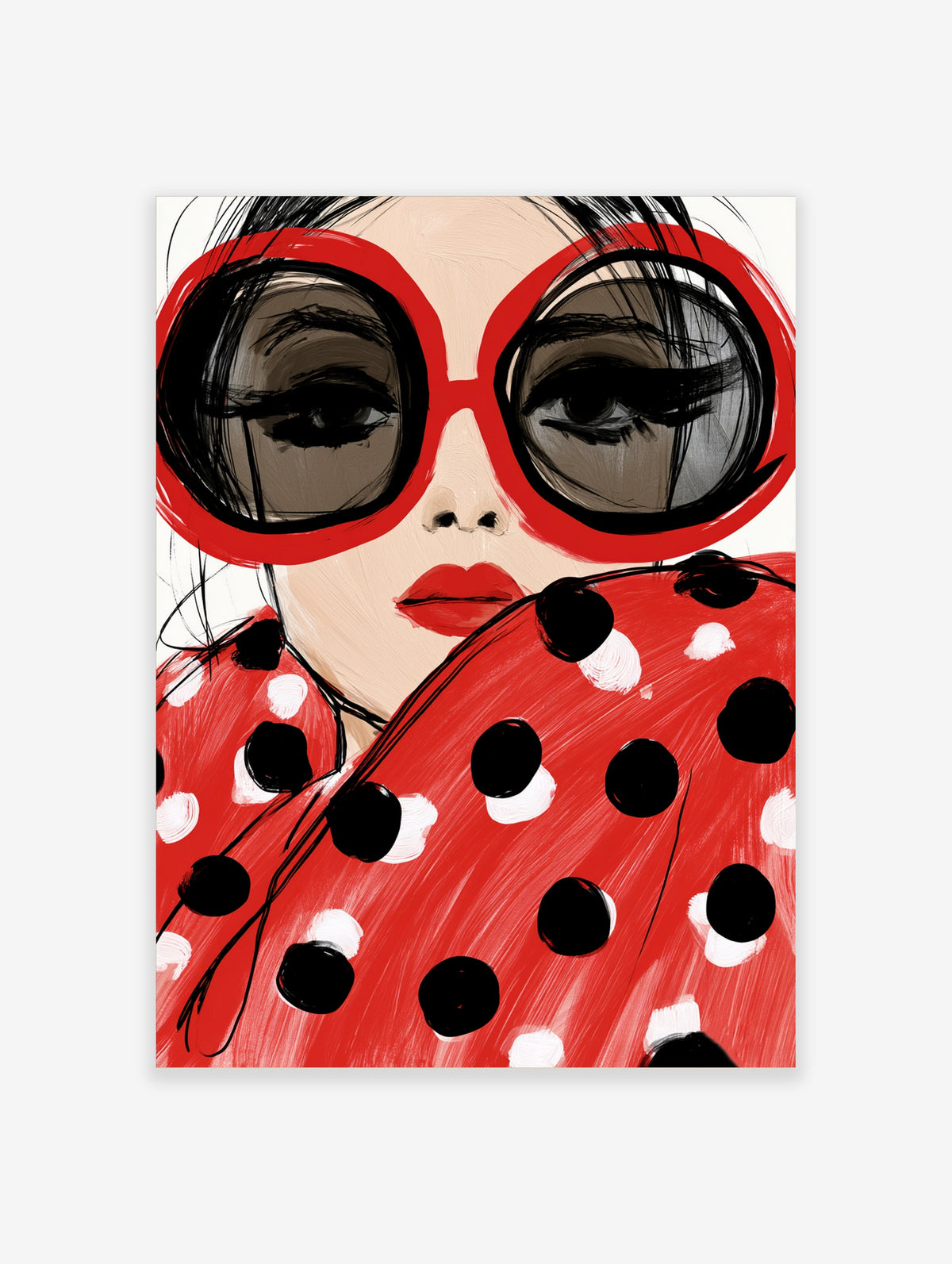 Close-up fashion illustration of a face in oversized red sunglasses with red lipstick and a red polka dot scarf