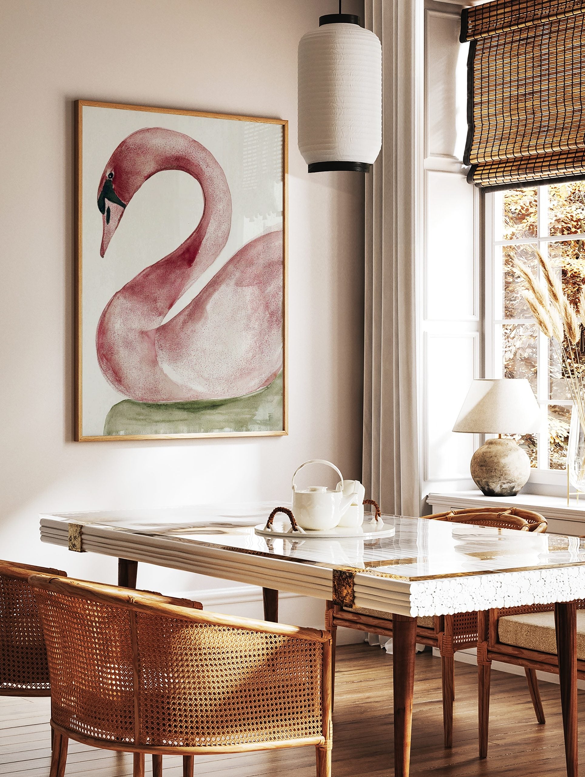 Red swan watercolour illustration art print with curved neck on white background, in a styled room mockup