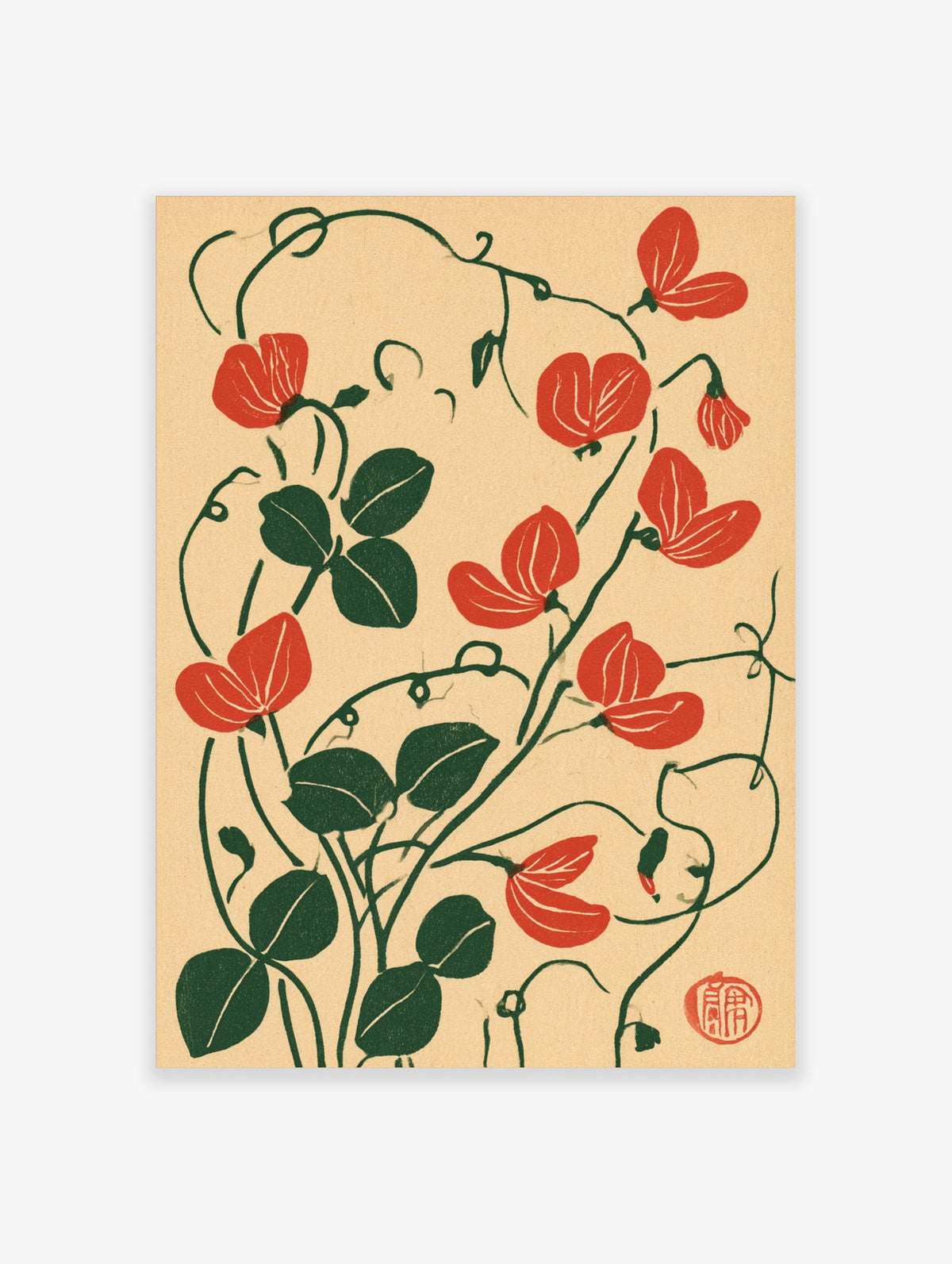 Red sweet pea flower botanical art print with green vines on beige background