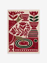 Stylized red and green illustrative art print of a tea cup, hand, record player, and flowers on cream background
