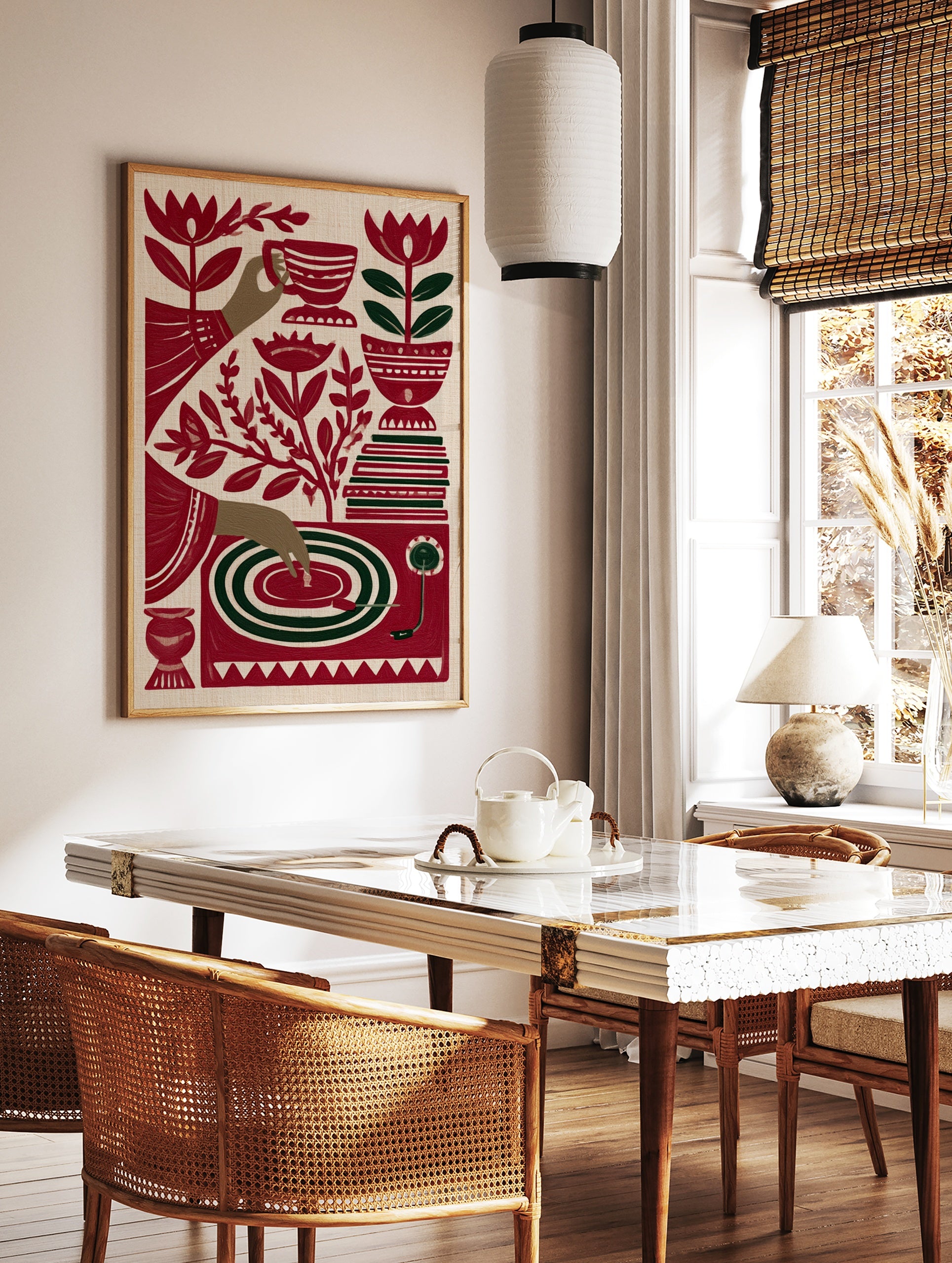 Stylized red and green illustrative art print of a tea cup, hand, record player, and flowers on, in a styled room mockup