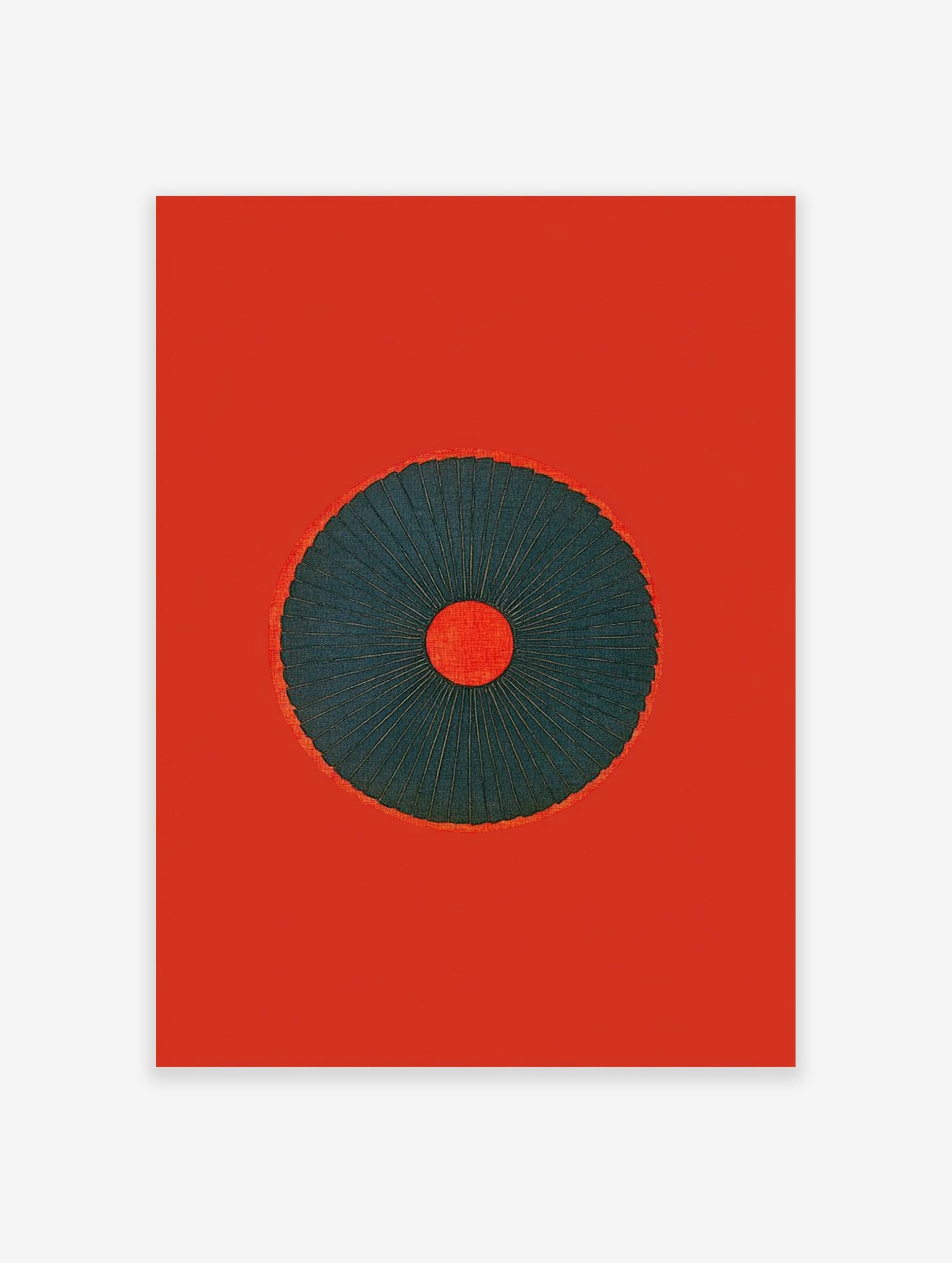 Minimalist red and dark teal abstract wall art with a central radiating circle design on a solid red background.