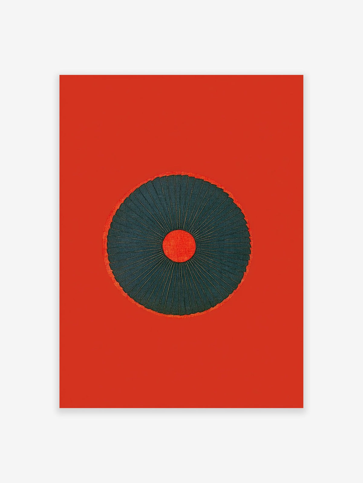 Minimalist red and dark teal abstract wall art with a central radiating circle design on a solid red background.