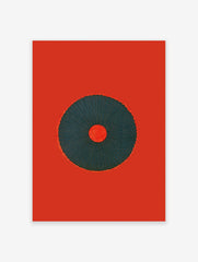 Minimalist red and dark teal abstract wall art with a central radiating circle design on a solid red background.