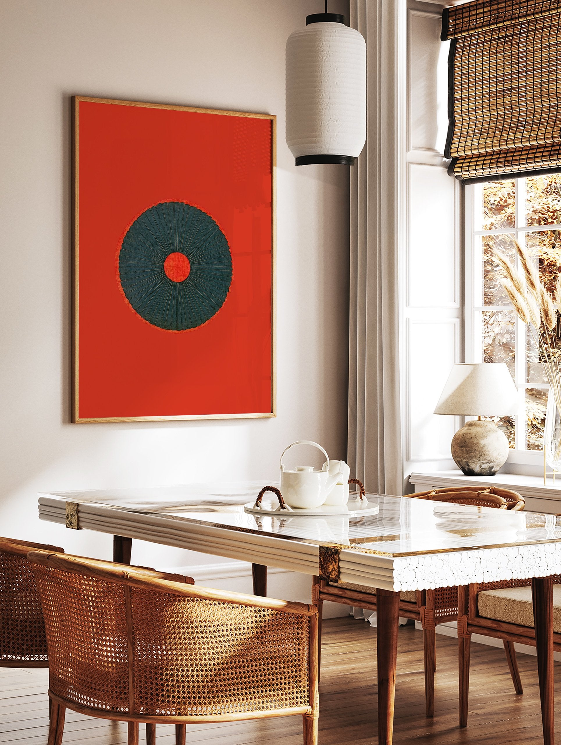 Minimalist red and dark teal abstract wall art with a central radiating circle design on a solid red background. - Image 2