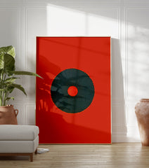 Minimalist red and dark teal abstract wall art with a central radiating circle design on a solid red background. - Image 3