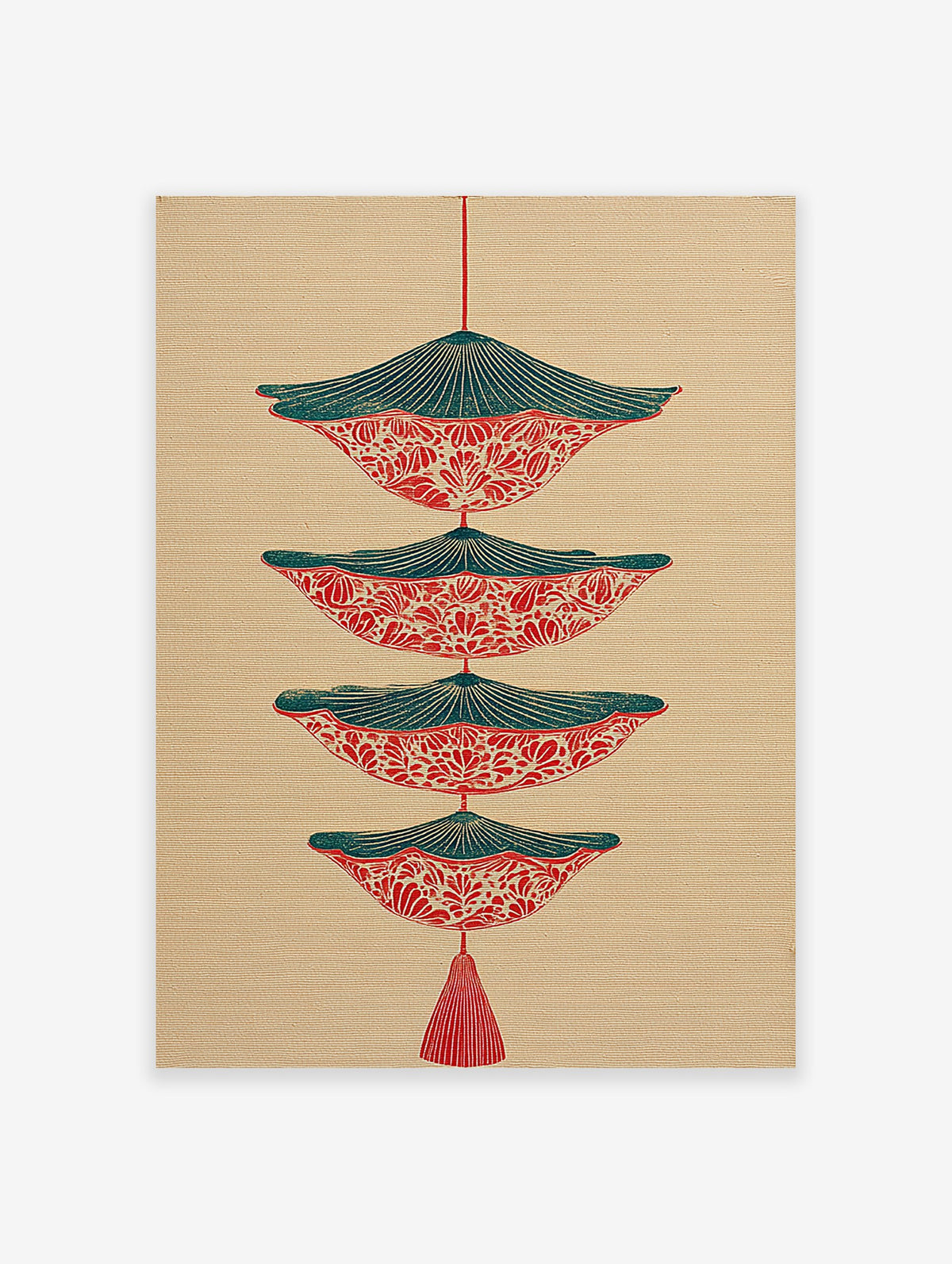 Red and teal patterned wall art print with stacked, inverted shapes and a tassel on a beige background.