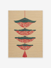 Red and teal patterned wall art print with stacked, inverted shapes and a tassel on a beige background.