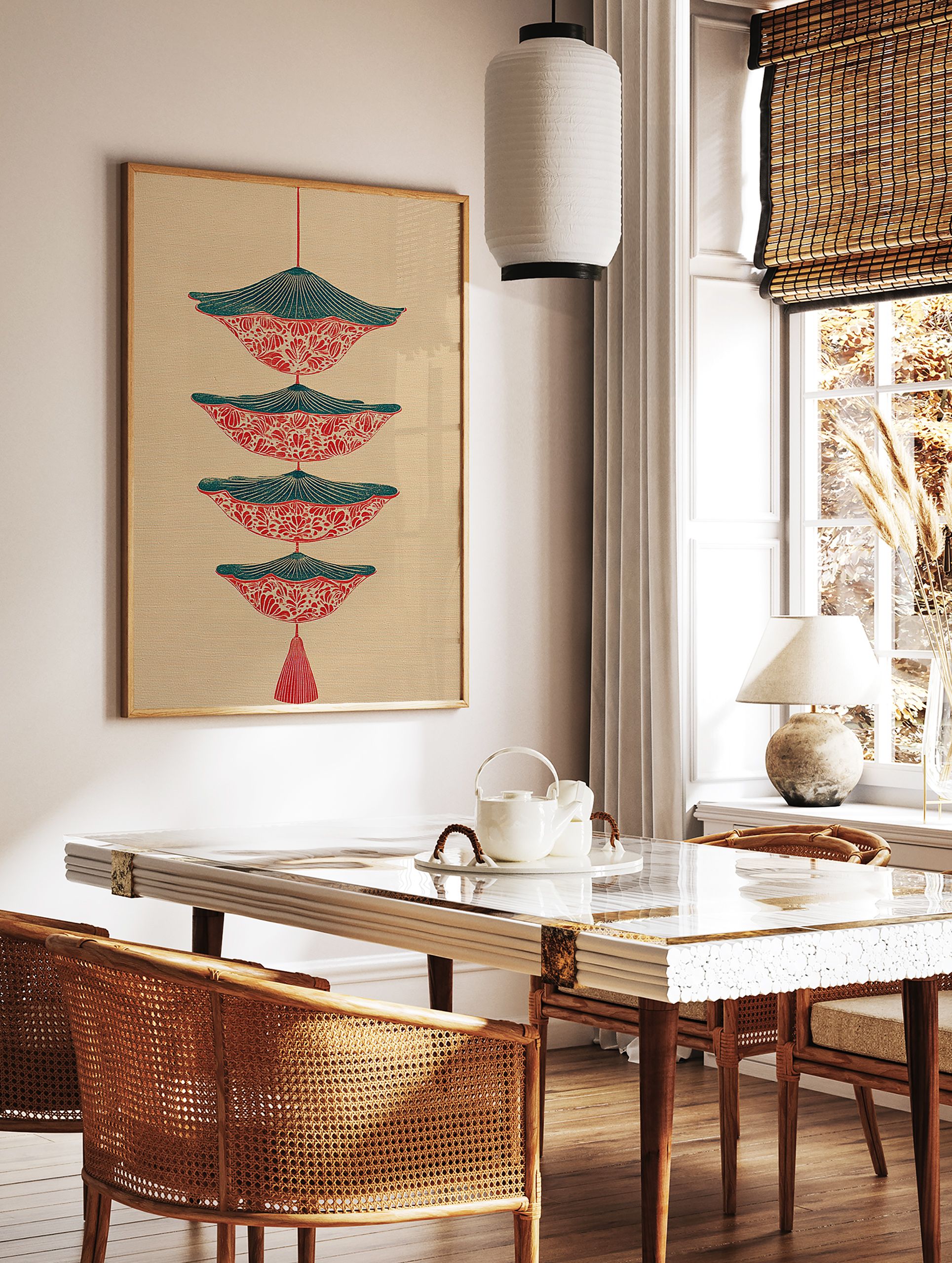 Red and teal patterned wall art print with stacked, inverted shapes and a tassel on a beige background. - Image 2