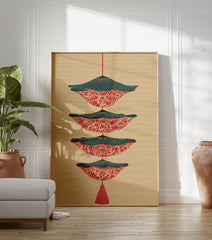 Red and teal patterned wall art print with stacked, inverted shapes and a tassel on a beige background. - Image 3