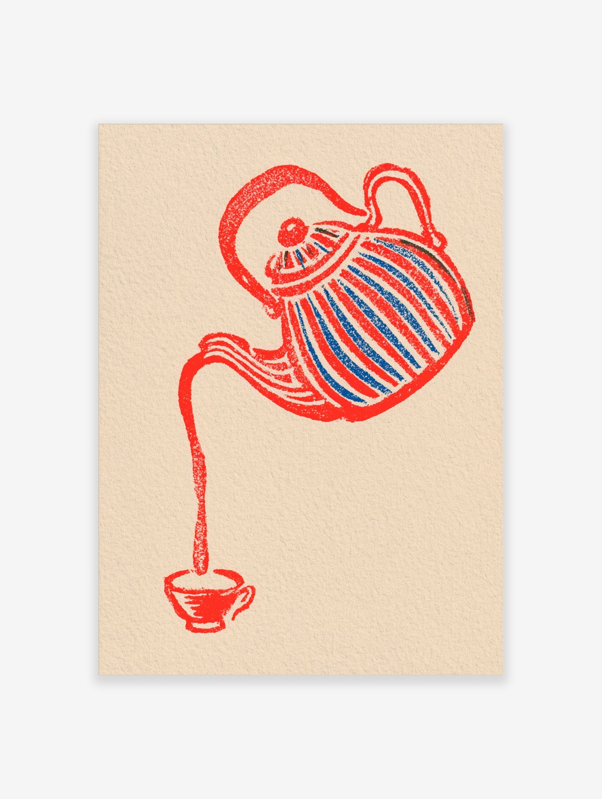 Red teapot with blue stripes pouring into a small cup on beige background, kitchen wall art print