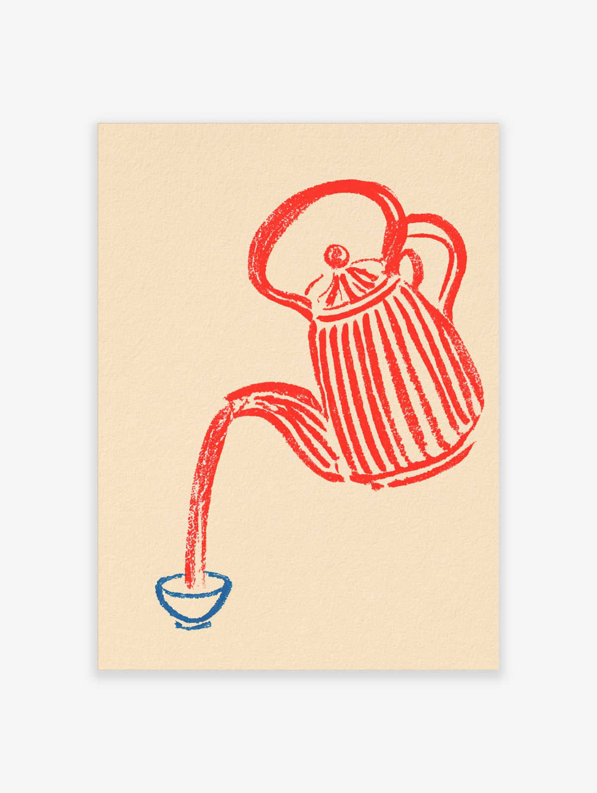 Red teapot pouring tea into a blue bowl on a beige background, block-print style art print