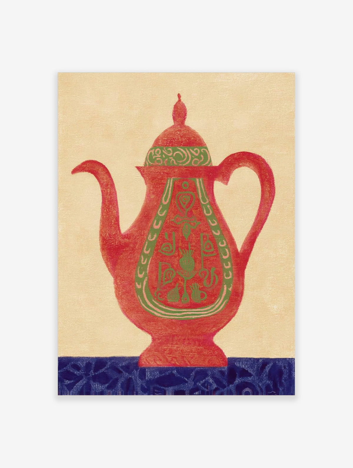 Red teapot wall art with green ornate patterns and a blue decorative base on a beige background