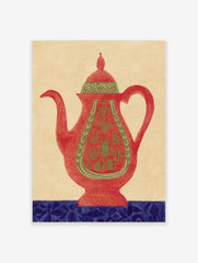 Red teapot wall art with green ornate patterns and a blue decorative base on a beige background