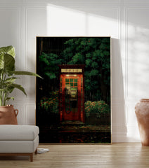 Red telephone booth poster on a rainy street at night, surrounded by green trees in an illustrative Japanese art style. - Image 3