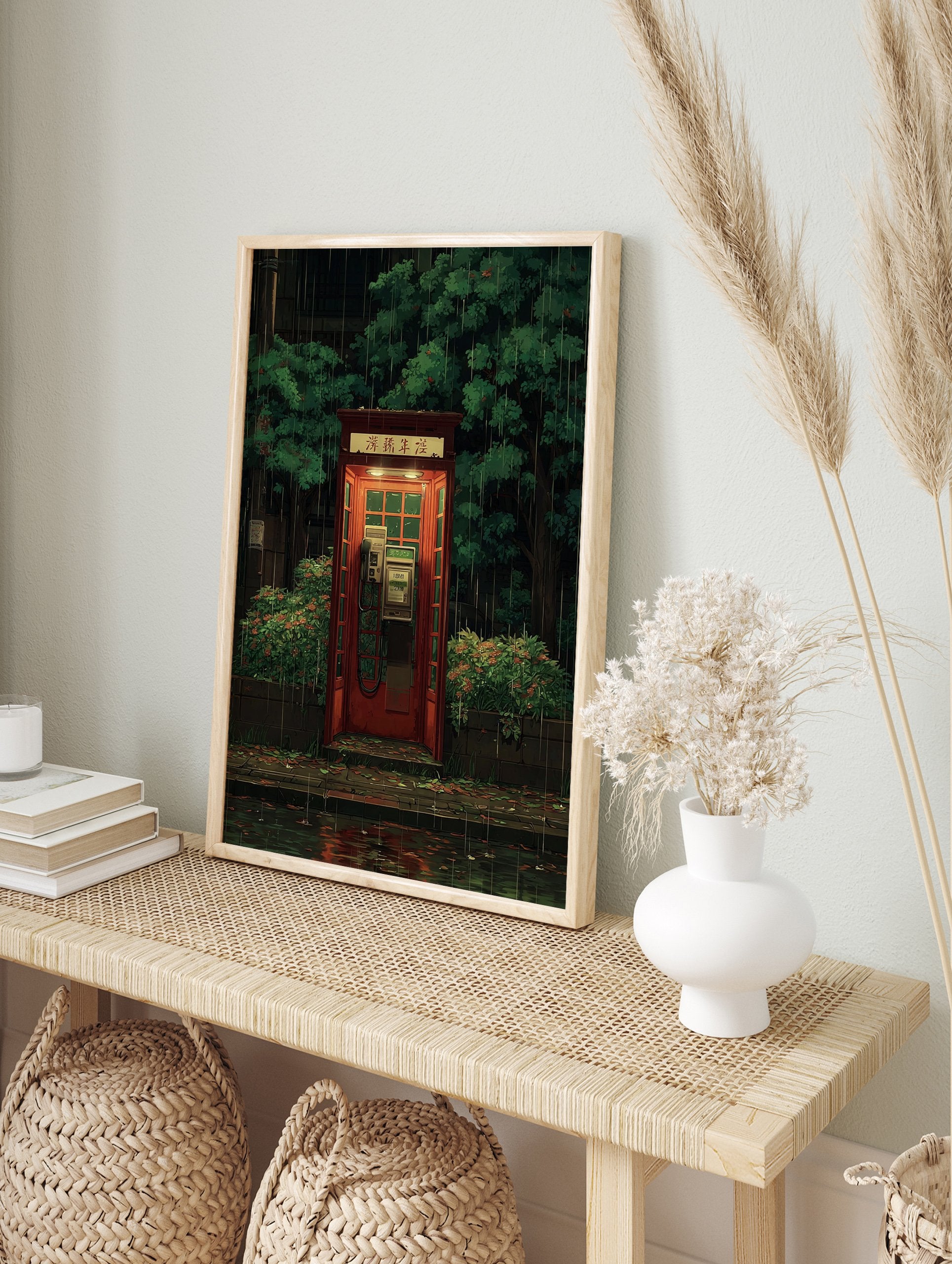 Red telephone booth poster on a rainy street at night, surrounded by green trees in an illustrative Japanese art style. - Image 4